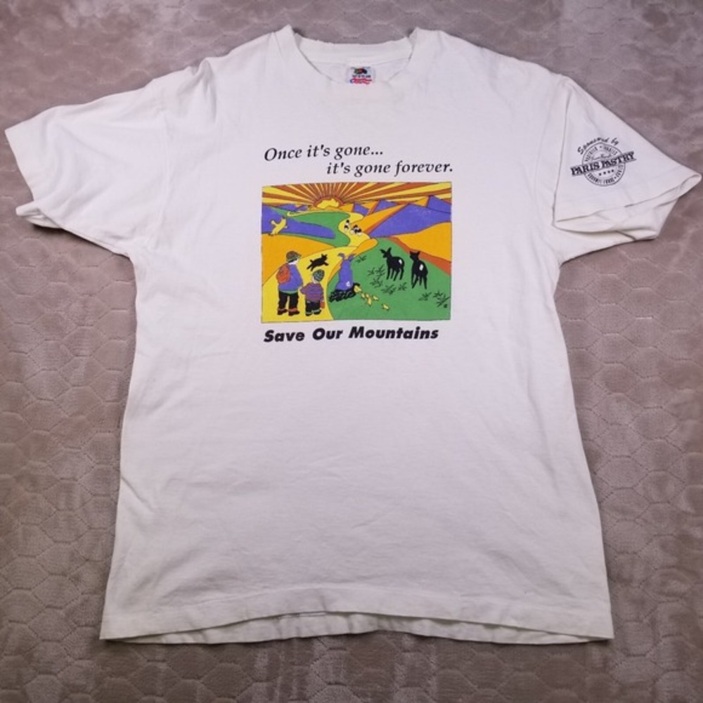 VTG Save Our Mountains Nature Tee Sz Lg Single Stitch FOTL Hippie Animals Look